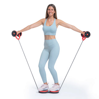 Abdominal Roller with Rotating Discs, Elastic Bands and Exercise Guide